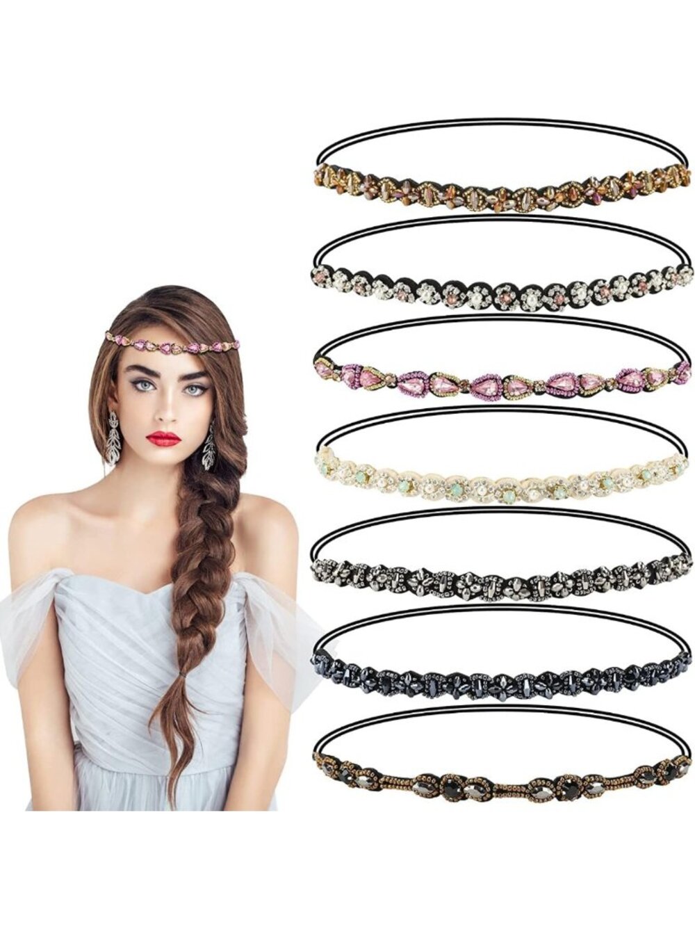 7 Pcs Rhinestone Beaded Headbands - Stylish Crystal Elastic Hair Jewelry for